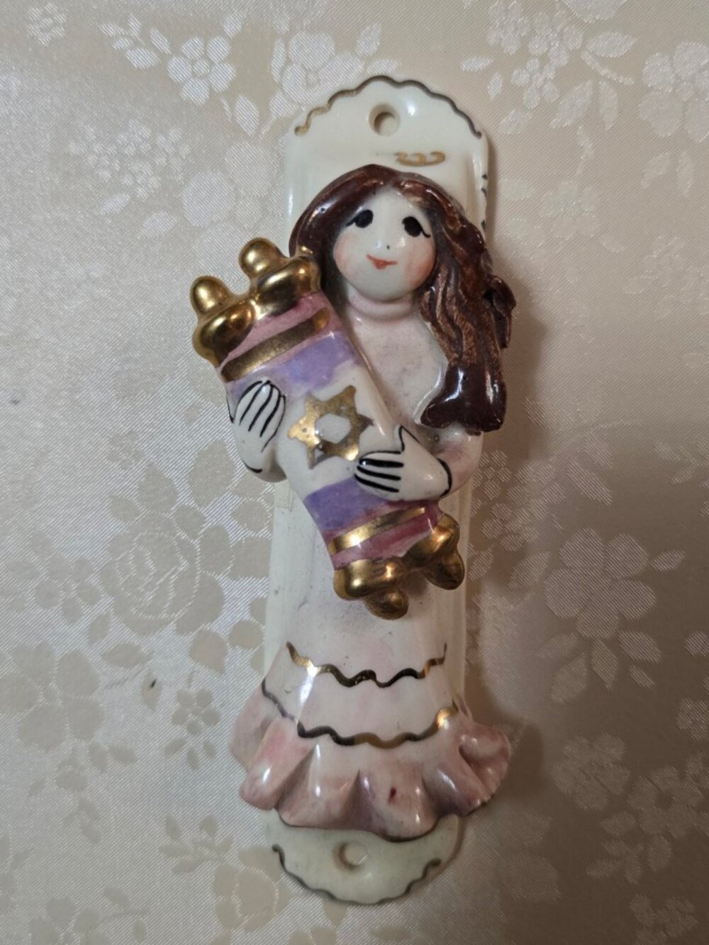 NWOT O. Goldin Ceramic Mezuzah Case Woman with Torah Judaica Pink Gold